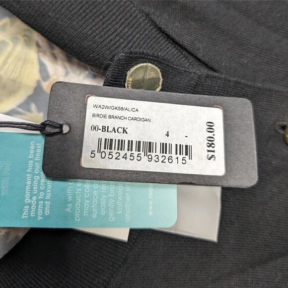 Ted Baker London Sweater Cardigan Black Floral Back Gold Buttons Size 4 / 10 - Picture 6 of 9